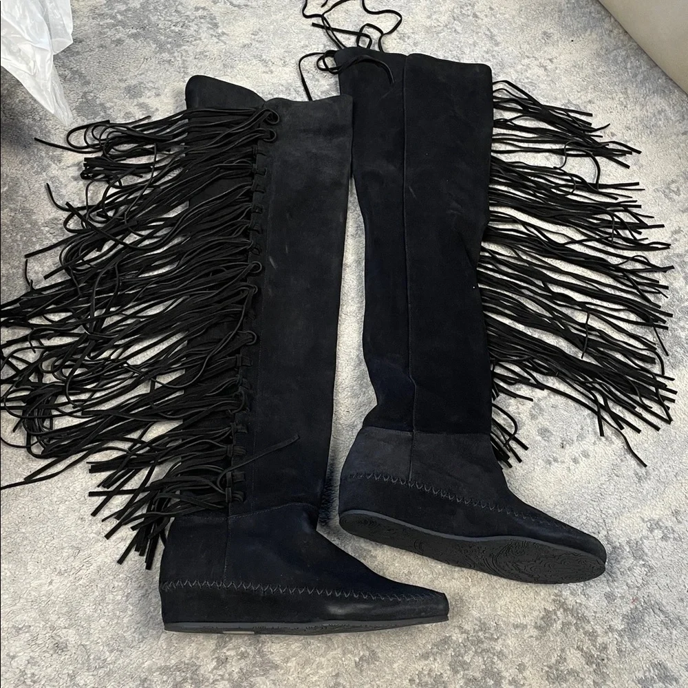 NIB ETRO Suede Fringe Over The Knee Moccasin Boot Black Sz 36